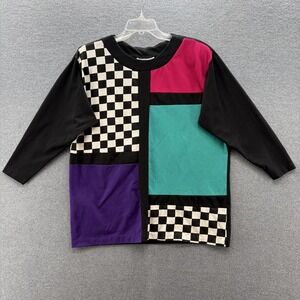VTG 80s Forelli Shirt Womens XL Black White Check Colorblock Tunic Top Tee